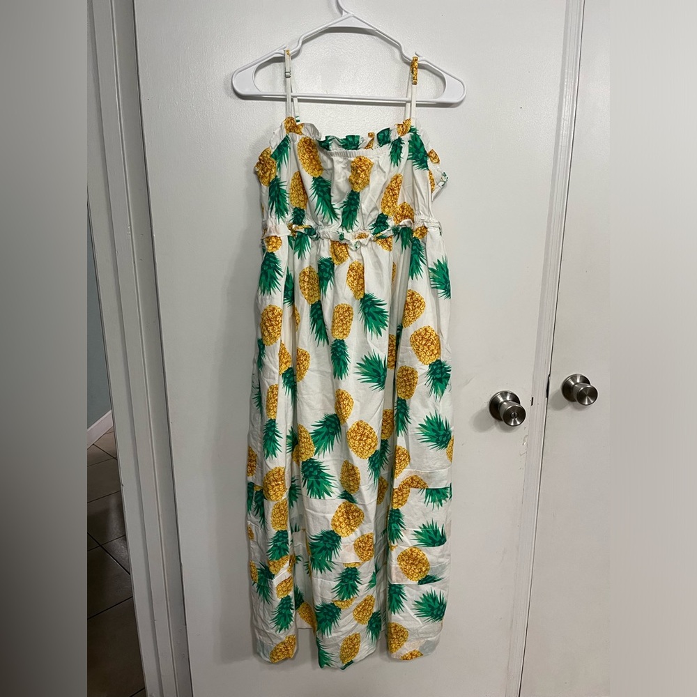 J. Crew Yellow Pineapple Print Squareneck Ruffle Maxi Dress, size 12P